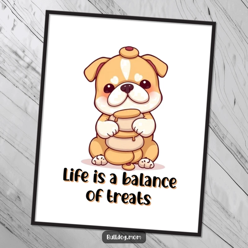 Funny Free Printable Wall Art: A determined bulldog cub stacking a precarious tower of small, round treats.