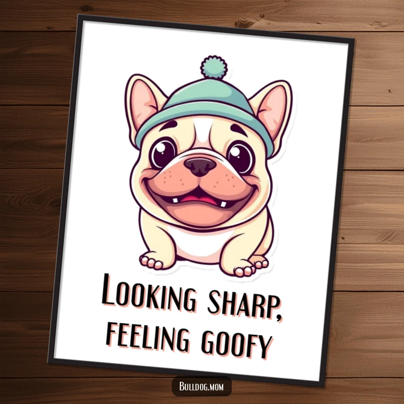 Funny Free Printable Wall Art: A kawaii bulldog sporting a jaunty hat and a wide, infectious goofy grin.