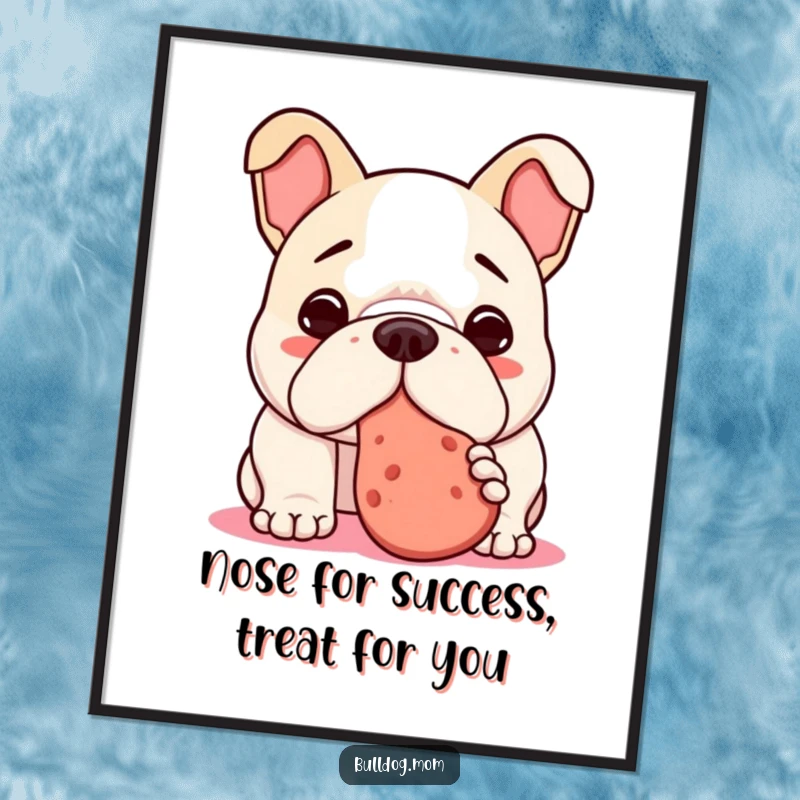 Funny Free Printable Wall Art: A kawaii bulldog intently nudging a delicious treat with its nose, full of cute focus.