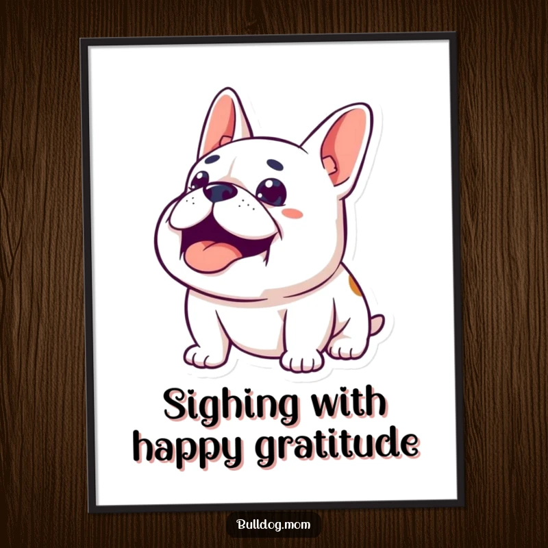 Funny Free Printable Wall Art: Bulldog character looking upwards with a happy sigh, radiating contentment and peace.