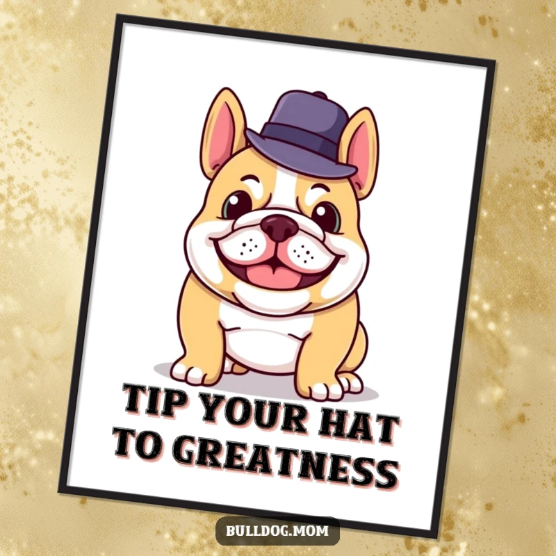 Funny Free Printable Wall Art of a dapper bulldog tipping his hat with a charming, wide grin.