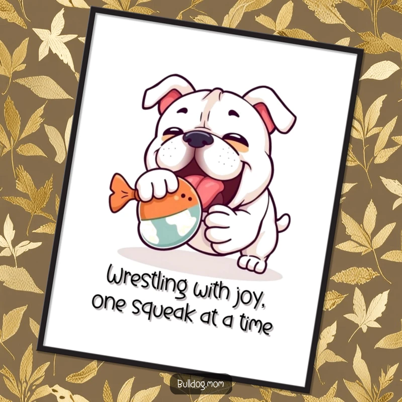 Funny Free Printable Wall Art: Kawaii Bulldog wrestling a squeaky toy with extreme enthusiasm and joyful abandon.