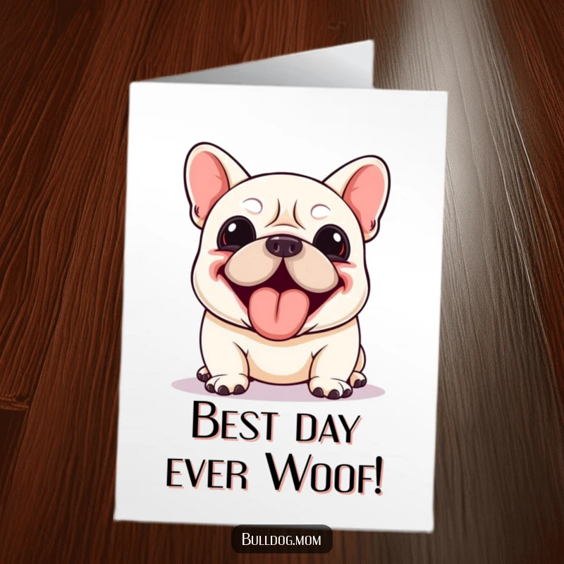 Funny Free Printable Birthday Card featuring a kawaii bulldog panting joyfully, tongue lolling out in excitement.