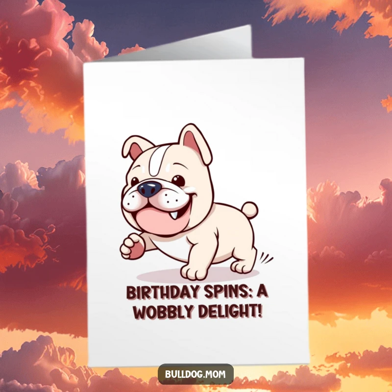 Funny Free Printable Birthday Card: Kawaii Bulldog with a determined grin, spinning in circles chasing its tail.