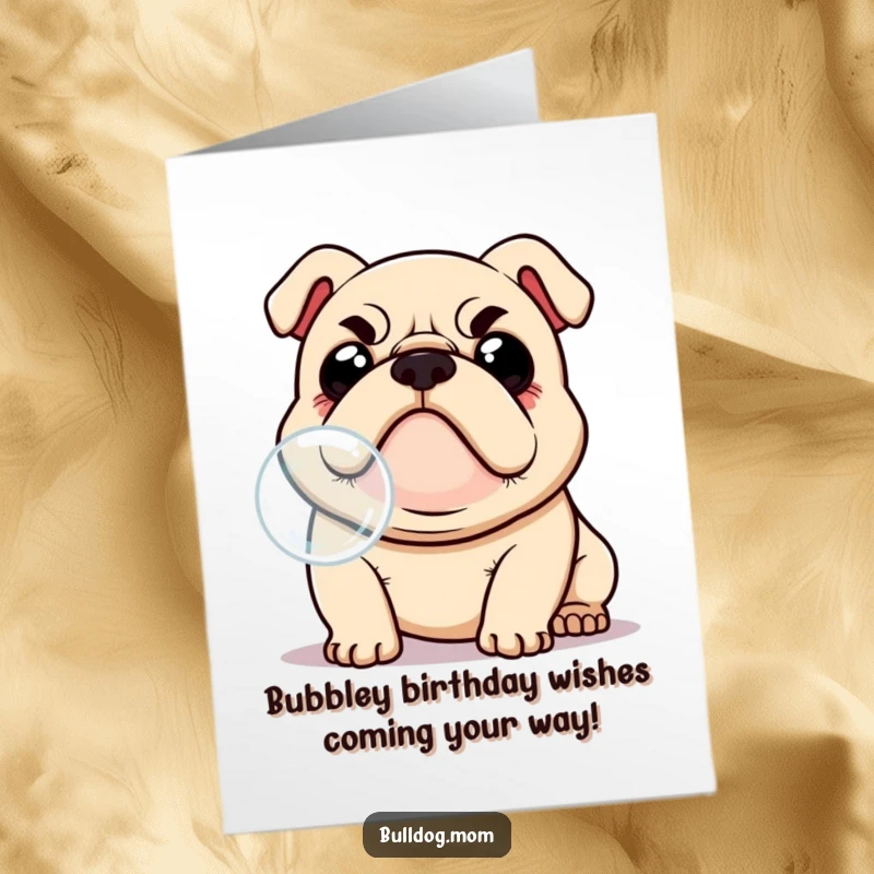 Funny Free Printable Bulldog Birthday Card: Kawaii dog with furrowed brow tries to catch a bubble, celebrating cheerfully.