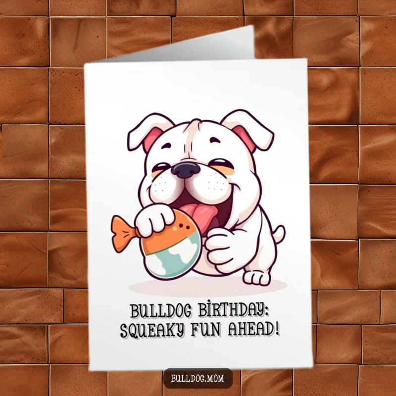 Funny Free Printable Birthday Card: Kawaii Bulldog enthusiastically wrestling a bright squeaky toy with pure abandon.