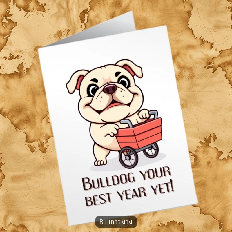 Funny Free Printable Bulldog Birthday Card: Playful bulldog with a determined grin pushing a cart, ready to deliver birthday wishes with humor.