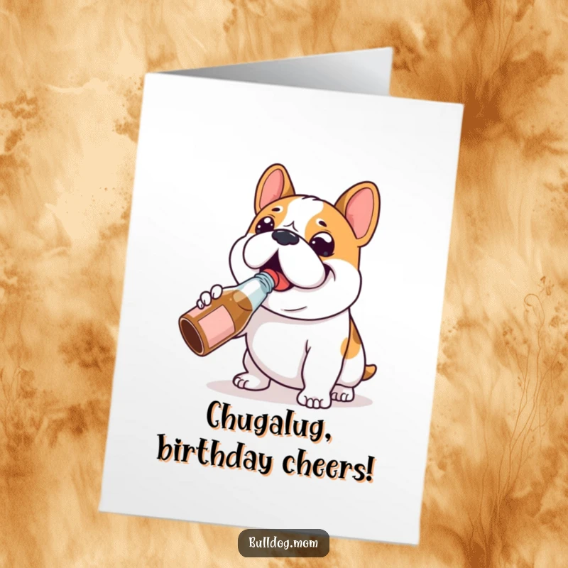 Funny Free Printable Bulldog Birthday Card: Happy dog character happily chugging from a tiny bottle with a contented expression.