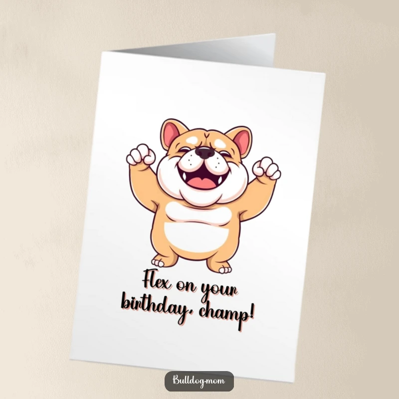 Funny Free Printable Bulldog Birthday Card: Sturdy, smiling dog enthusiastically flexing its arms with powerful biceps.
