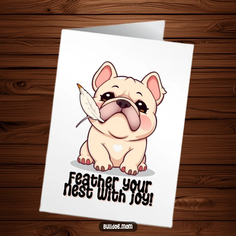 Funny Free Printable Birthday Card of a kawaii bulldog playfully snorting while trying to catch a floating feather in mid-air.