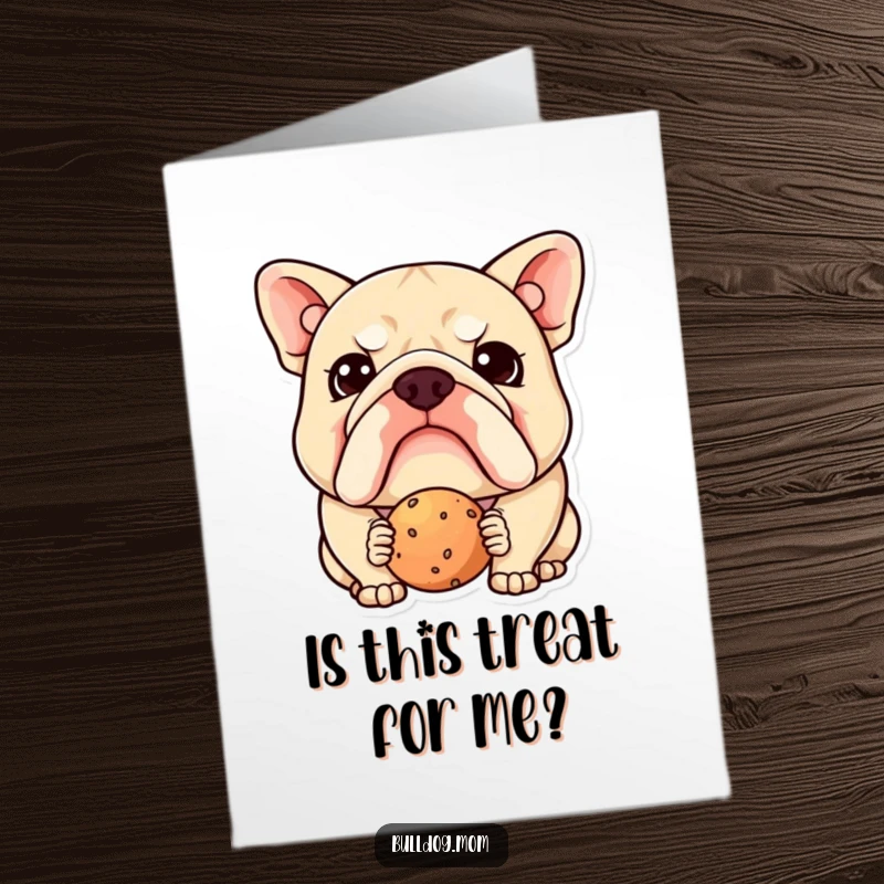 Funny Free Printable Birthday Card: Confused kawaii bulldog staring intently at a treat, brow furrowed in bewilderment.