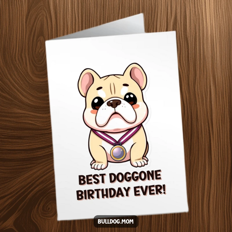Funny Free Printable Bulldog Birthday Card: A proud bulldog holding a gold medal, ready to celebrate your special day with a smile.