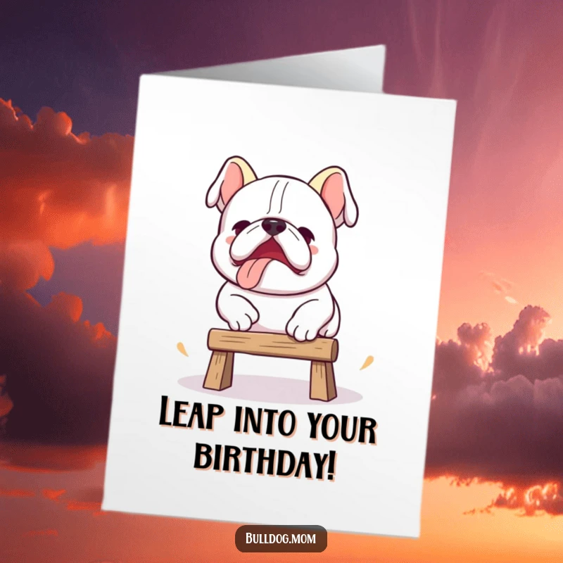 Funny Free Printable Birthday Card: A determined Kawaii bulldog makes a clumsy, adorable jump over a tiny obstacle, mid-air.
