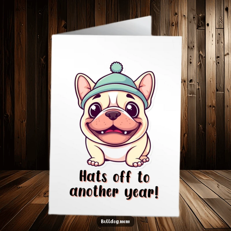 Funny Free Printable Birthday Card: Kawaii bulldog wearing a hat and sporting a wide, goofy grin, ready to party.