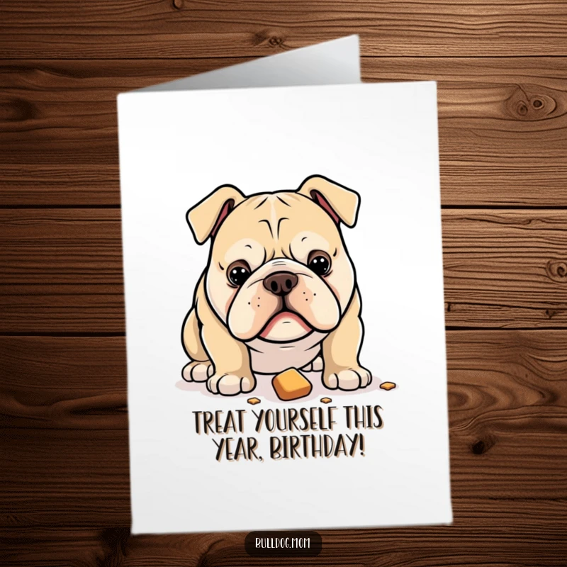 Funny Free Printable Birthday Card: A bulldog staring intently at a treat that has fallen.