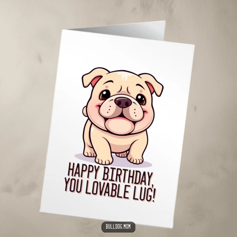 Funny Free Printable Birthday Card: A Kawaii Bulldog grins widely, tail wagging as it happily trots along.