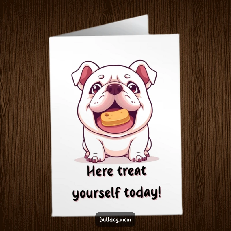 Funny Free Printable Birthday Card of a kawaii bulldog with a mischievous gleam attempting to balance a treat on its nose.