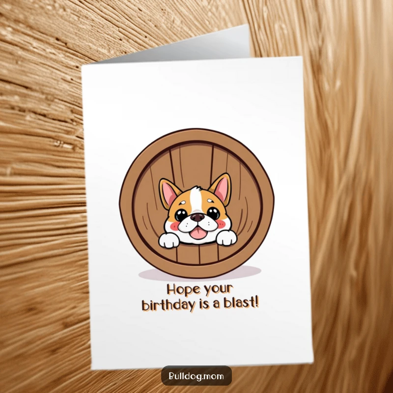 Funny Free Printable Birthday Card: Happy bulldog peeking over a cheerful barrel, ready to deliver birthday wishes with a smile.