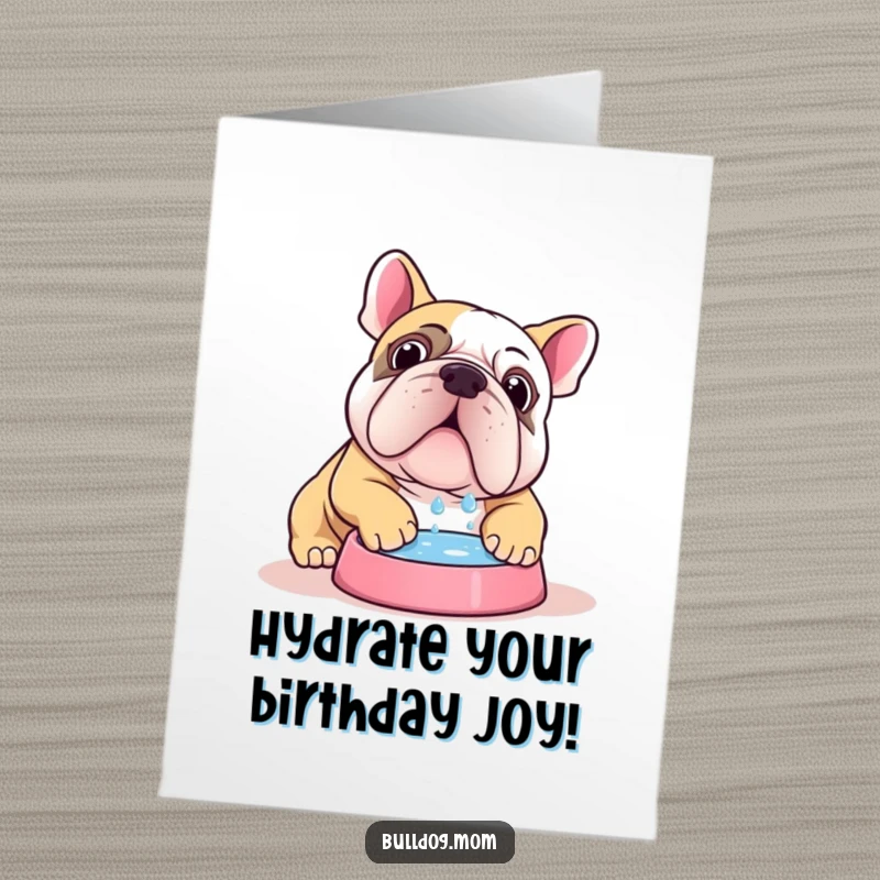 Funny Free Printable Birthday Card: A Kawaii bulldog enthusiastically chugging water, looking extremely happy and thirsty.