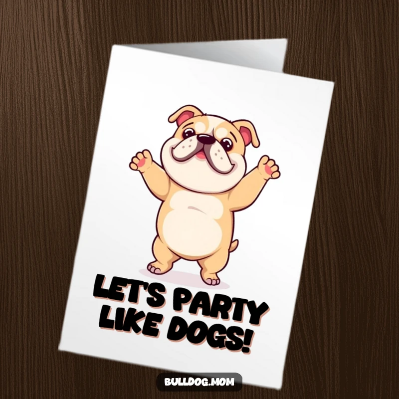 Funny Free Printable Bulldog Birthday Card: A clumsy bulldog joyfully dances with floppy ears and a wagging tail, spreading birthday cheer.