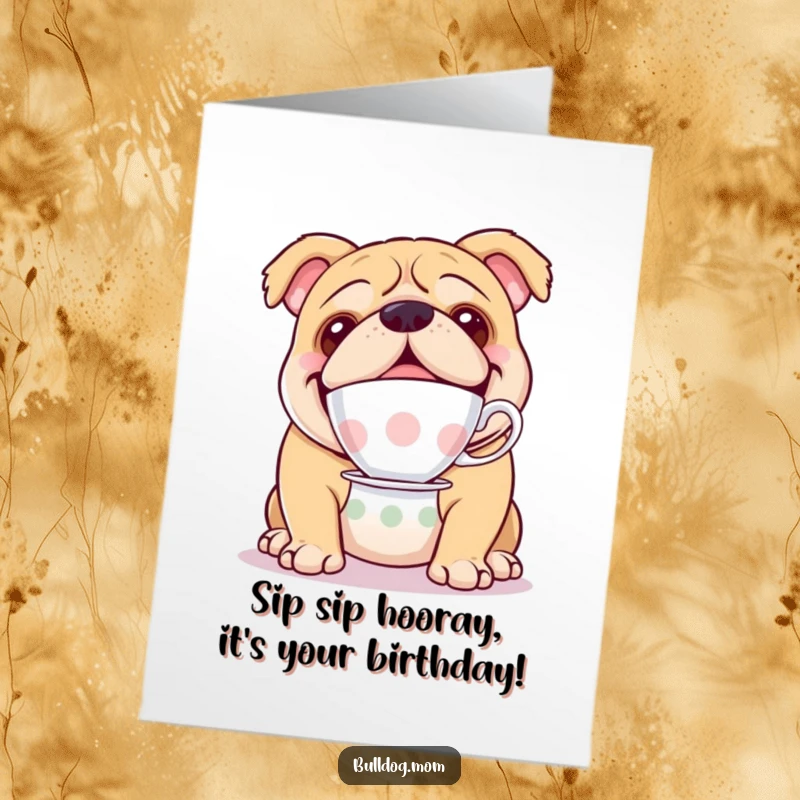 Funny Free Printable Bulldog Birthday Card: A happy bulldog elegantly balancing a teacup on its nose, offering birthday wishes with playful charm.