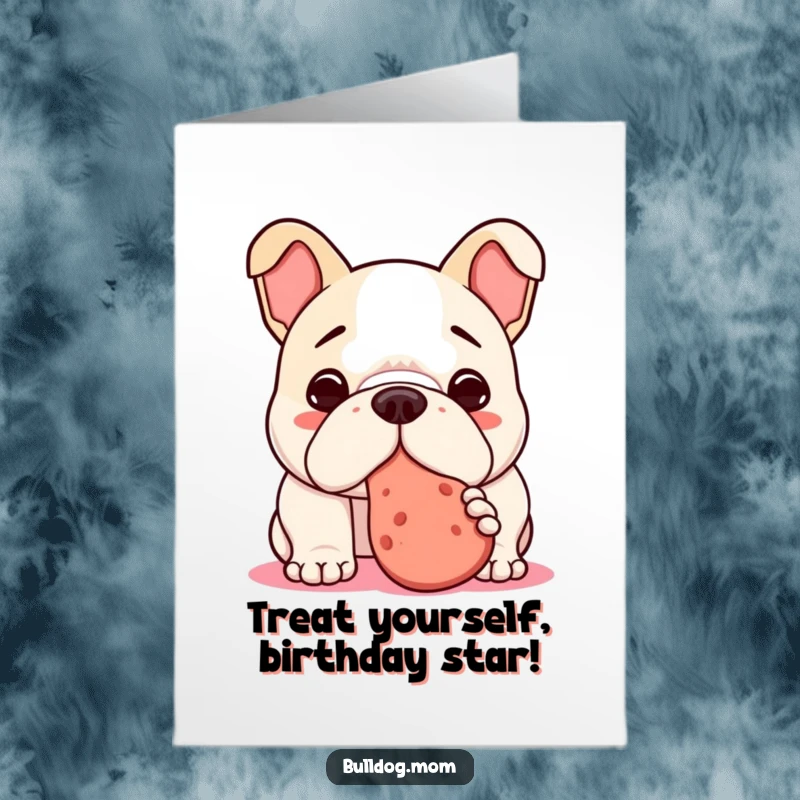 Funny Free Printable Birthday Card: Kawaii bulldog nudging a treat with its nose, showing playful anticipation.
