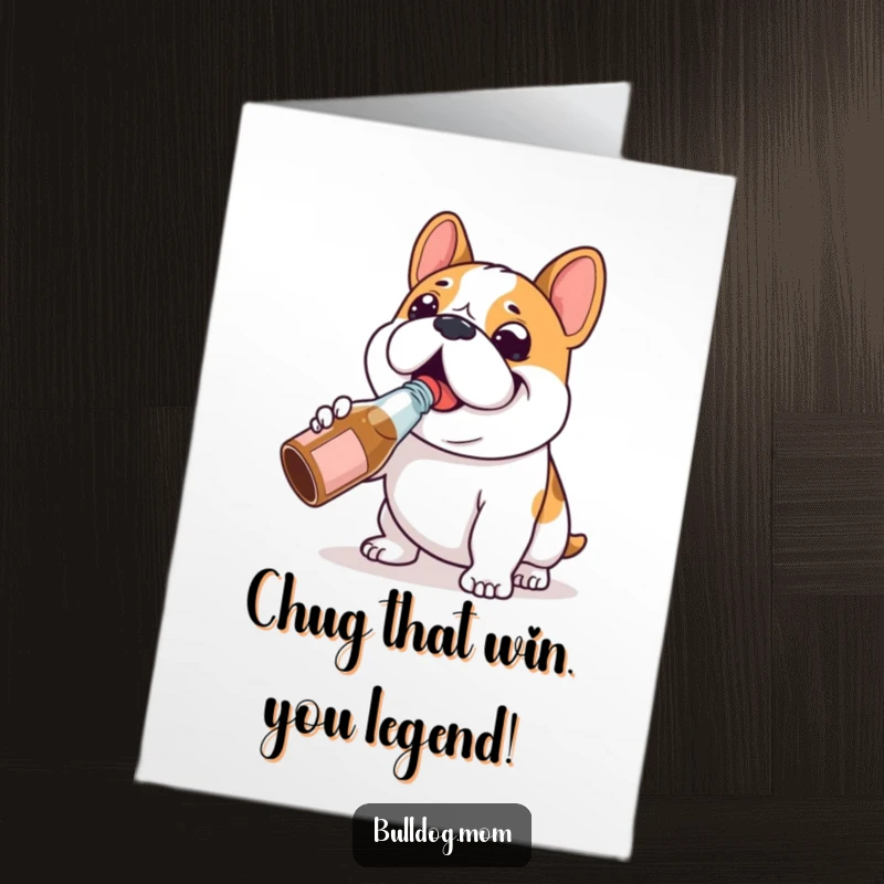 Funny Free Printable Bulldog Congratulations Card: Happy dog character happily chugging from a tiny bottle, celebrating a win.