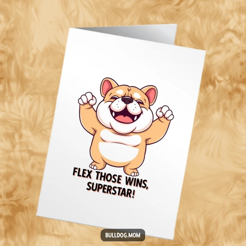 Funny Free Printable Bulldog Congratulations Card: Sturdy, smiling dog enthusiastically flexing its biceps to celebrate.