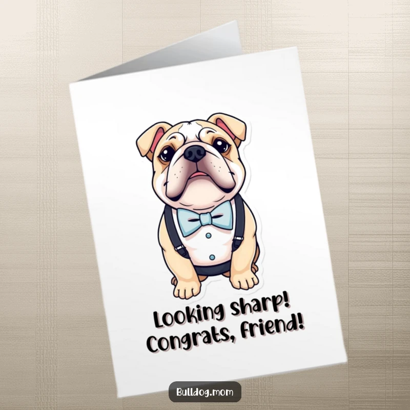 Funny Free Printable Congratulations Card: A bulldog dressed in a bow tie and suspenders looking proud.