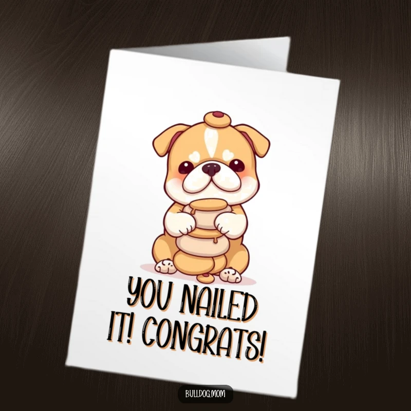 Free Printable Congratulations Card showing a charming bulldog cub expertly balancing a tower of tasty treats.