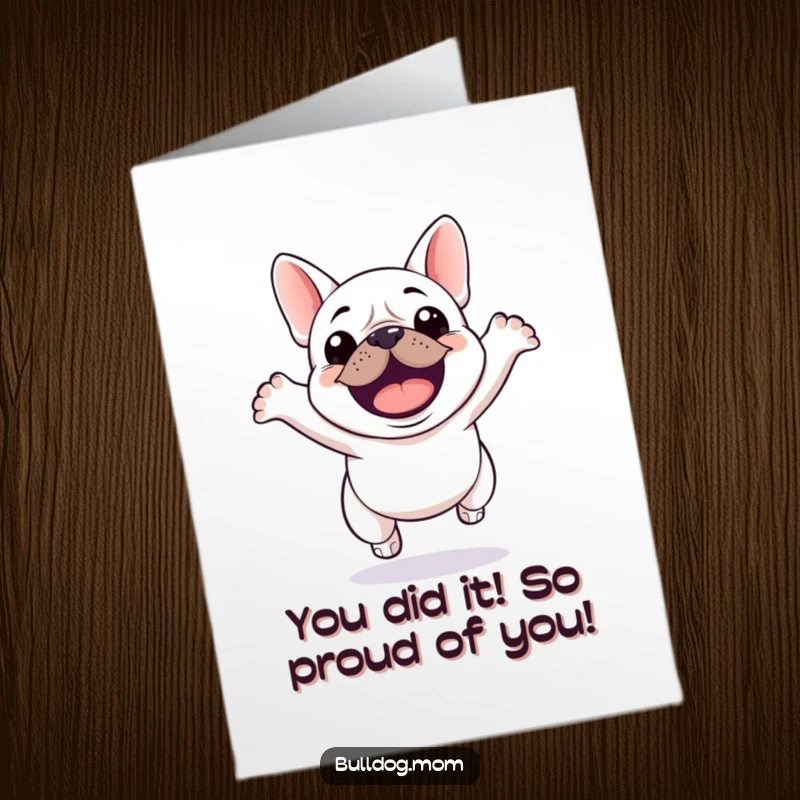 Funny Free Printable congratulations card showing a kawaii bulldog mid-air, celebrating an achievement with boundless energy. A delightful surprise.