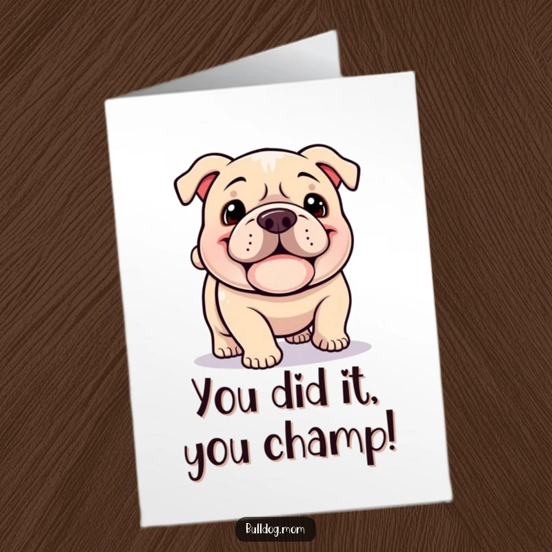 Funny Free Printable Congrats Card: A Kawaii Bulldog beams with a jowly grin, its tail wagging with excitement.