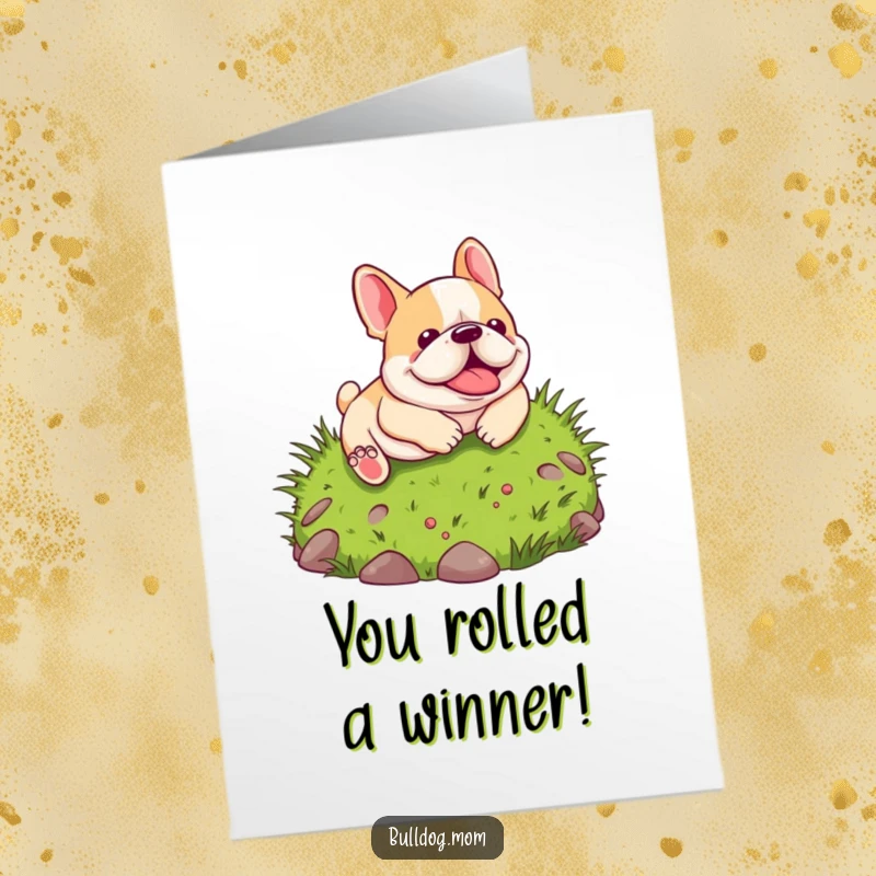 Funny Free Printable Congrats Card: Kawaii bulldog gleefully rolling down a grassy hill, celebrating life's wins.
