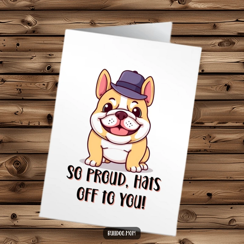 Funny Free Printable Congratulations Card: A grinning bulldog in a hat tips it in celebration.