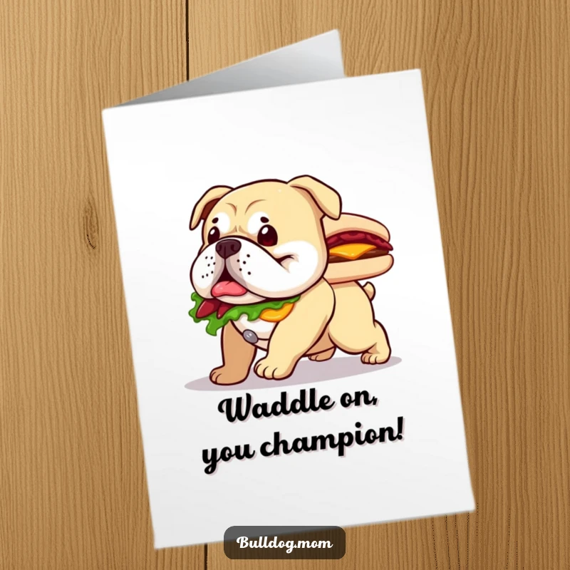 Funny Free Printable Bulldog Congratulations Card: A determined bulldog waddling joyfully with a large sandwich, celebrating achievements with humor.