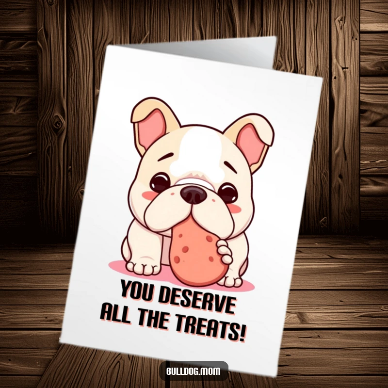 Free Printable Congratulations Card: A cute bulldog nudging a tasty treat with its nose, signifying a sweet success.