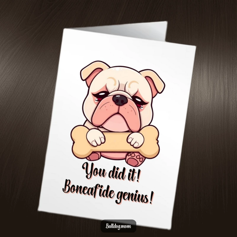 Funny Free Printable Congrats Card showing a kawaii bulldog with droopy eyes cuddling a plush bone, celebrating success.