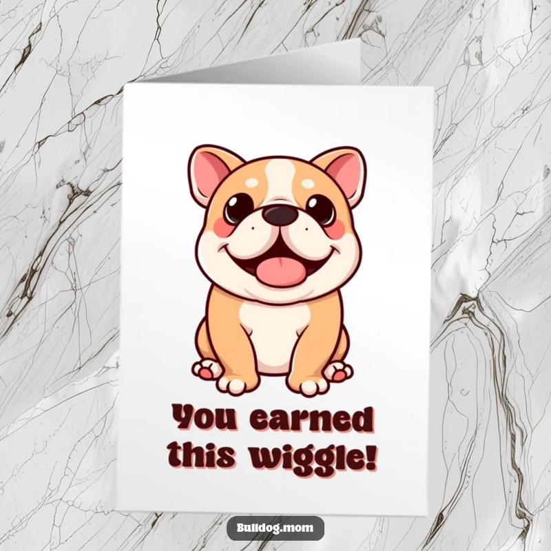 Funny Free Printable Congrats Card: Kawaii bulldog wiggling with excitement, a celebration in motion.