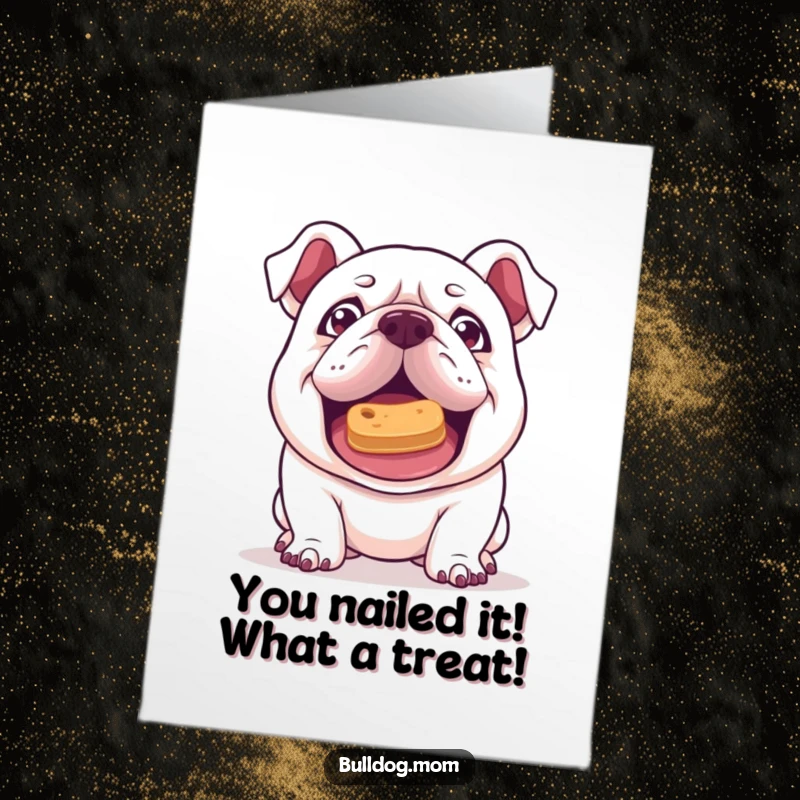 Funny Free Printable Congrats Card of a kawaii bulldog with a mischievous gleam balancing a treat on its nose, celebrating skill.