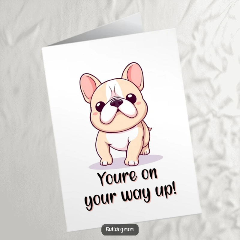 Funny Free Printable congratulations card showing a kawaii bulldog hilariously wobbling while walking, celebrating a great achievement. Quirky and fun.