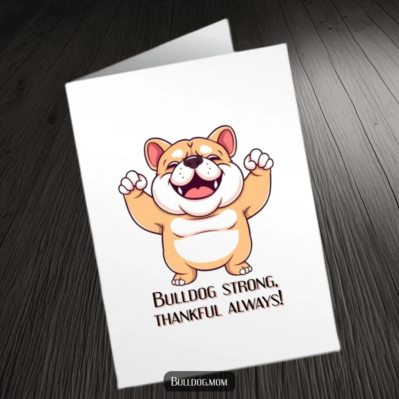 Funny Free Printable Bulldog Thank You Card: Sturdy, smiling dog enthusiastically flexing its arms, conveying strength and thanks.