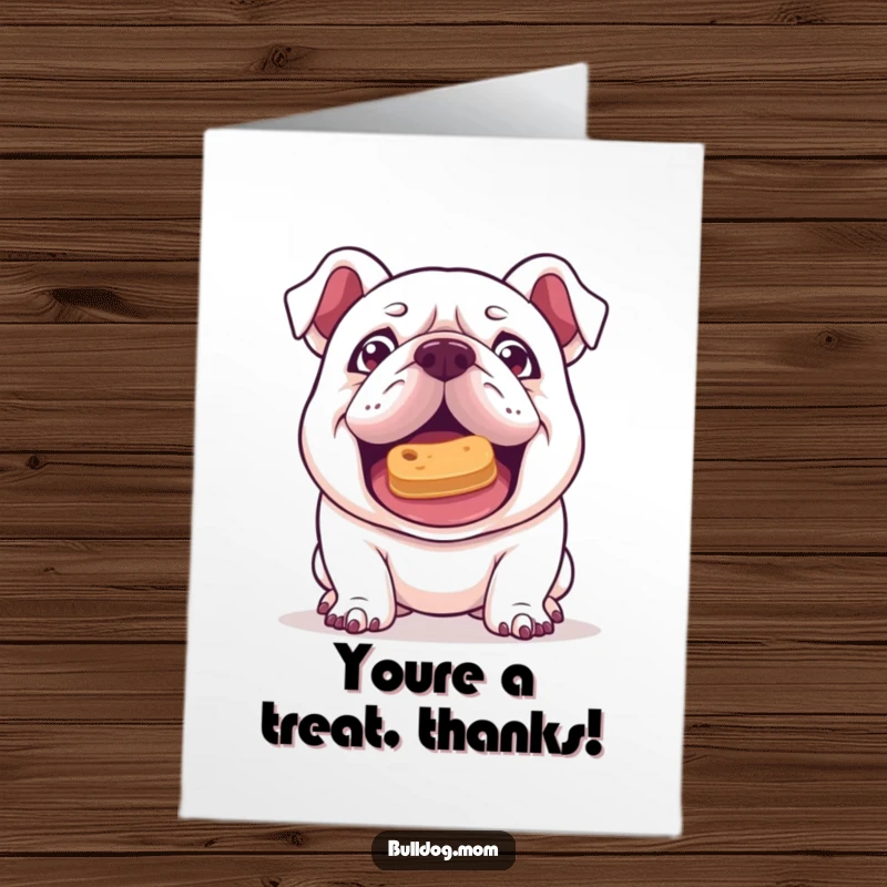 Funny Free Printable Thank You Card of a kawaii bulldog with a mischievous gleam balancing a treat on its nose, showing thanks.