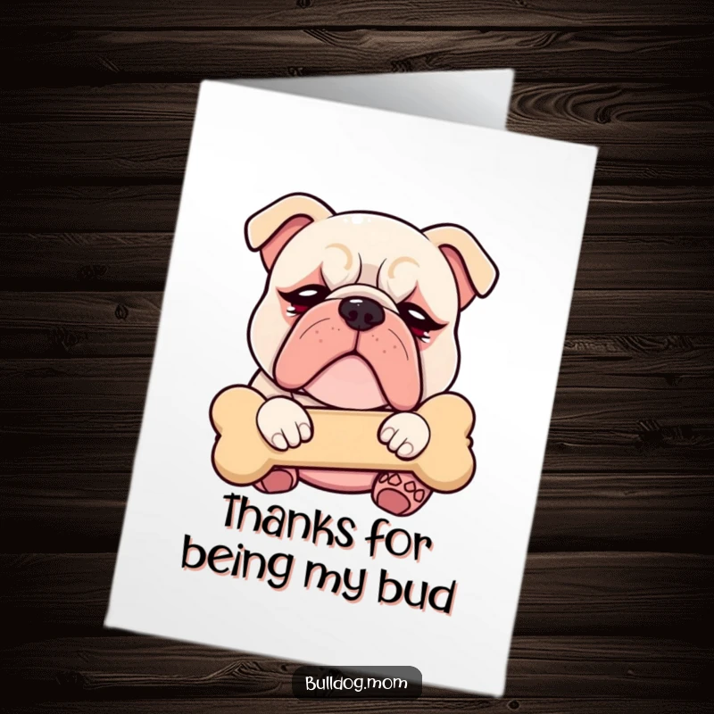 Funny Free Printable Thank You Card featuring a kawaii bulldog with sleepy eyes hugging a plush bone, conveying thanks.
