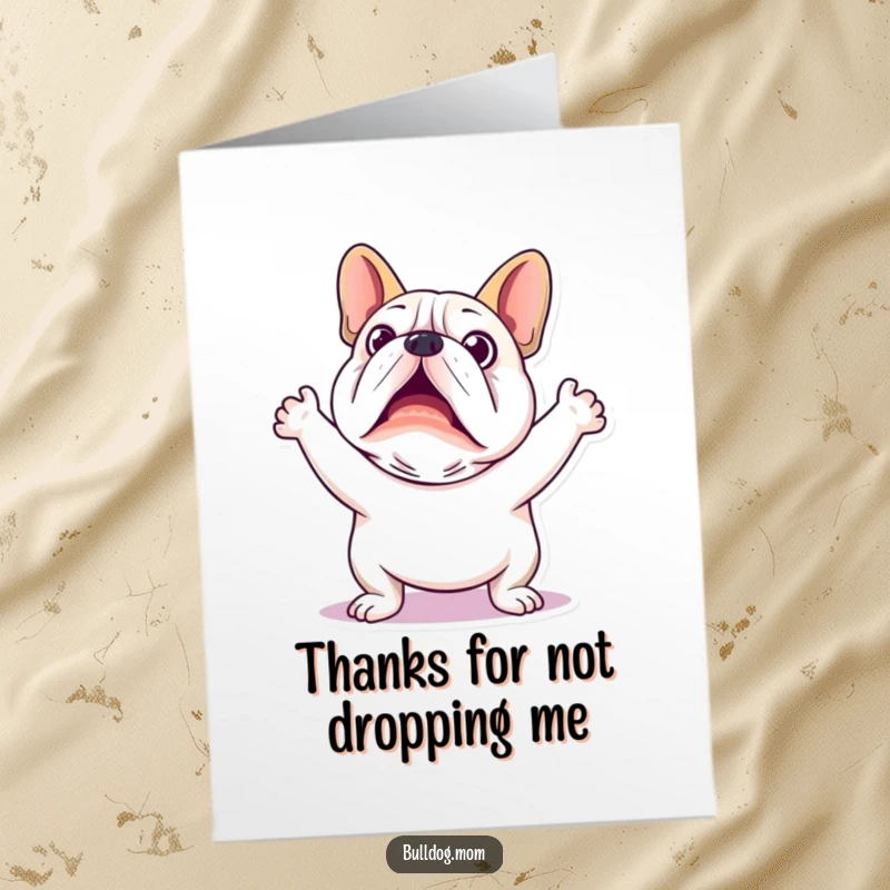 Funny Free Printable Thank You Card: Kawaii Bulldog in full surprise mode, arms up, wide-eyed.