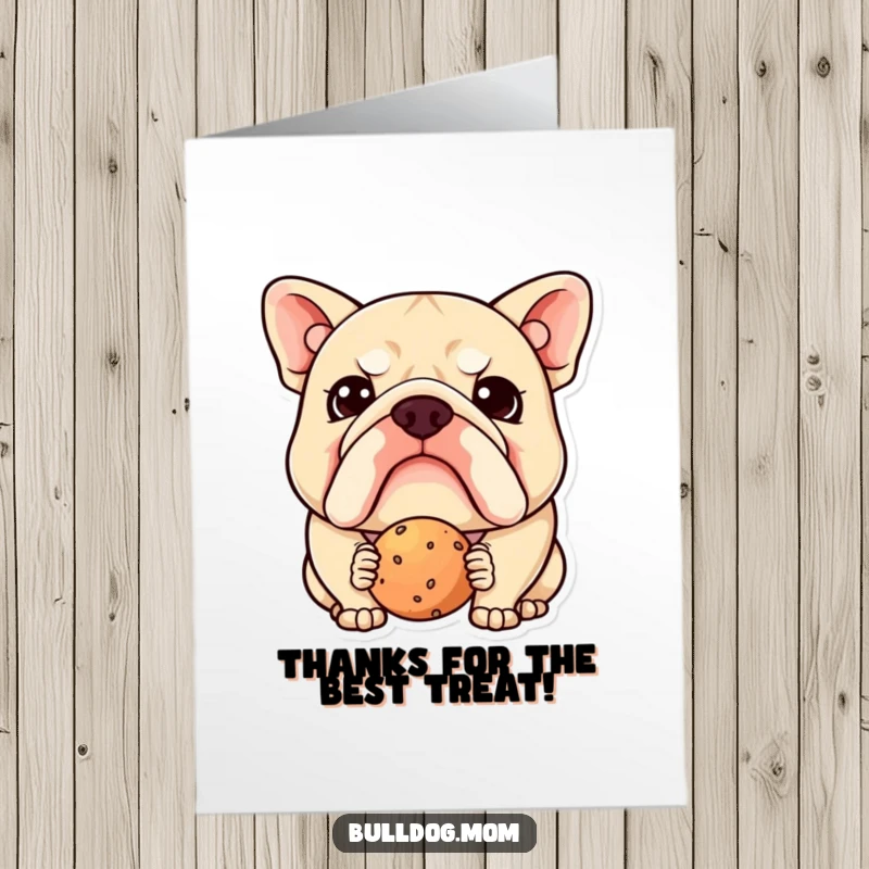 Funny Free Printable Thank You Card: Kawaii bulldog with a wrinkled brow, questioning a treat, a unique thank you.