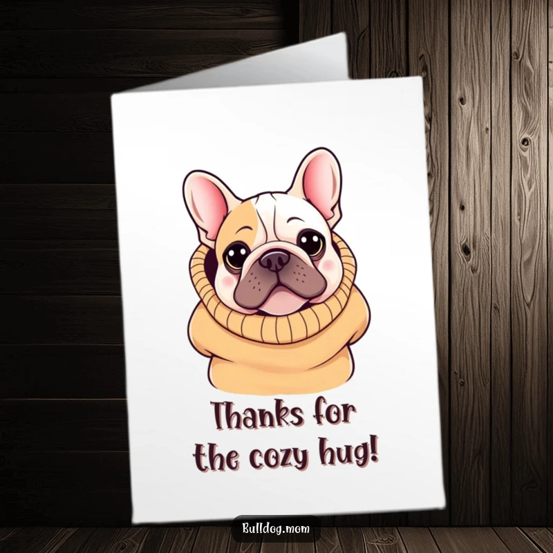 Funny Free Printable Thank You Card: Kawaii Bulldog peeking from an oversized sweater, looking utterly bundled up and cute.