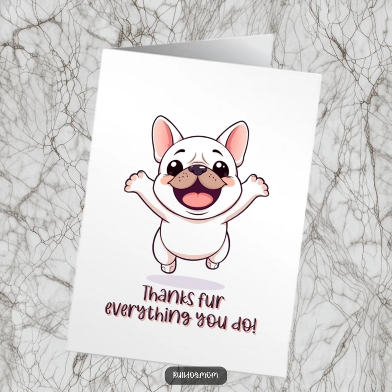 Funny Free Printable thank you card with a kawaii bulldog jumping for joy, conveying sincere gratitude. A unique way to say thanks.