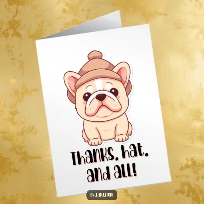 Funny Free Printable Thank You Card with a fluffy Bulldog pup peeking curiously from under a tiny, ill-fitting hat.