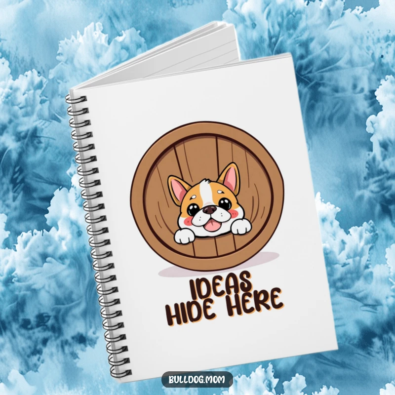 Funny Bulldog notebook with a happy dog peeking from behind a barrel. Perfect for note-taking and a funny gift.
