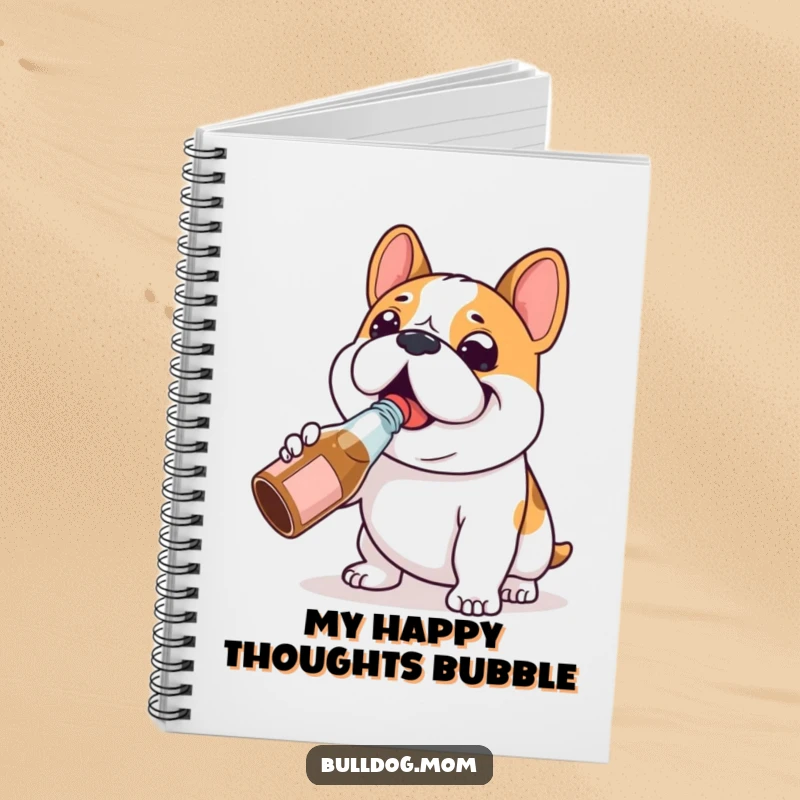 Funny Bulldog chug notebook with a happy Bulldog character happily chugging from a tiny bottle, inspiring joyful note-taking.
